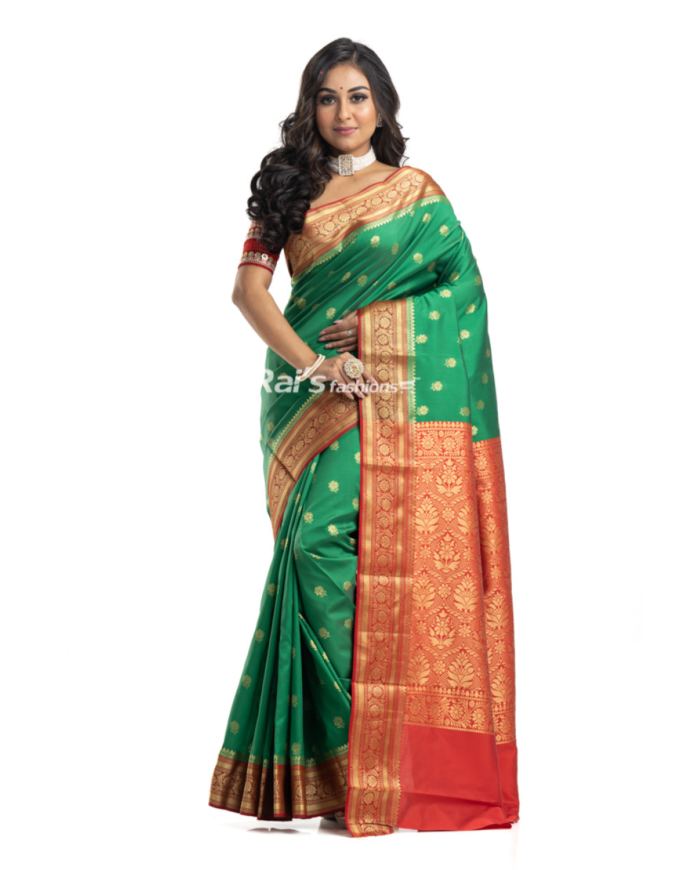 Semi Gadwal Silk Saree With All Over Golden Zari Weaving Butta Work And Contrast Color Traditional Benarasi Worked Border And Pallu (KR2222)
